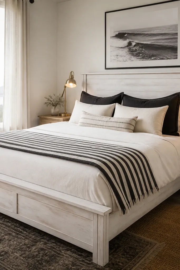 Whitewashed wood bed with striped runner and brass lamps on light nightstands