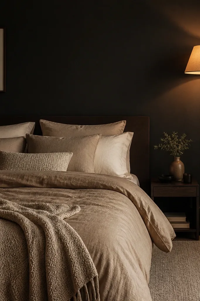 Charcoal wall behind bed with warm beige bedding and a standing floor lamp
