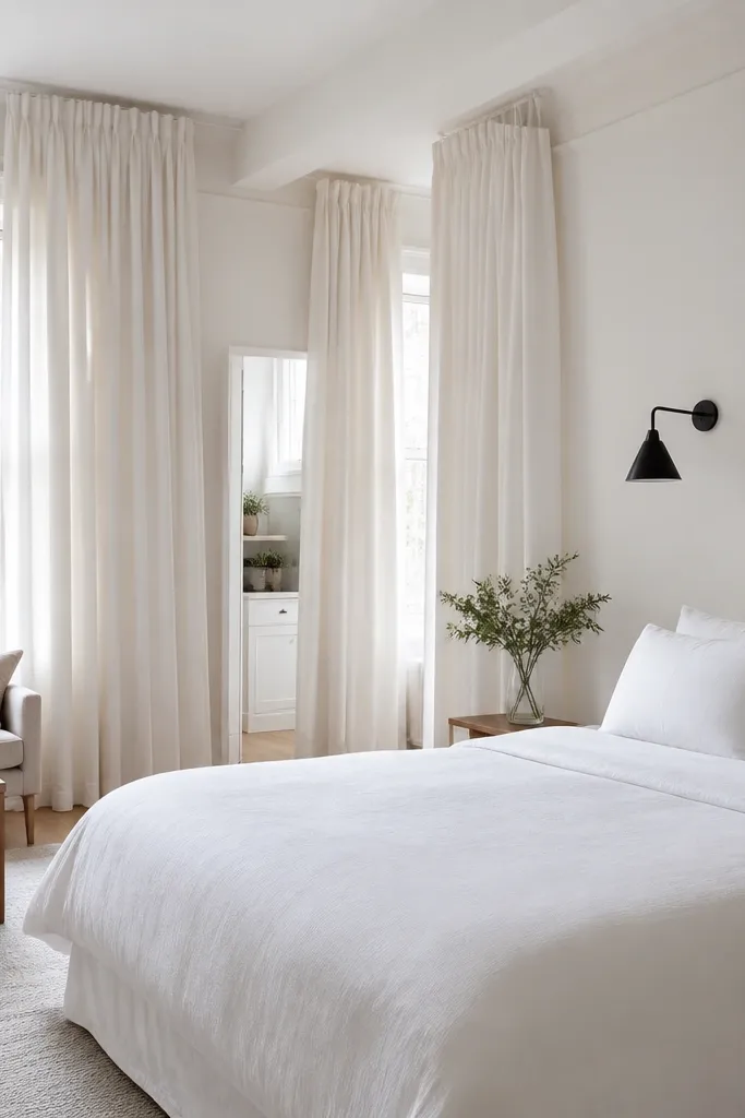All-white bedding with linen curtains and one black wall sconce above the bed