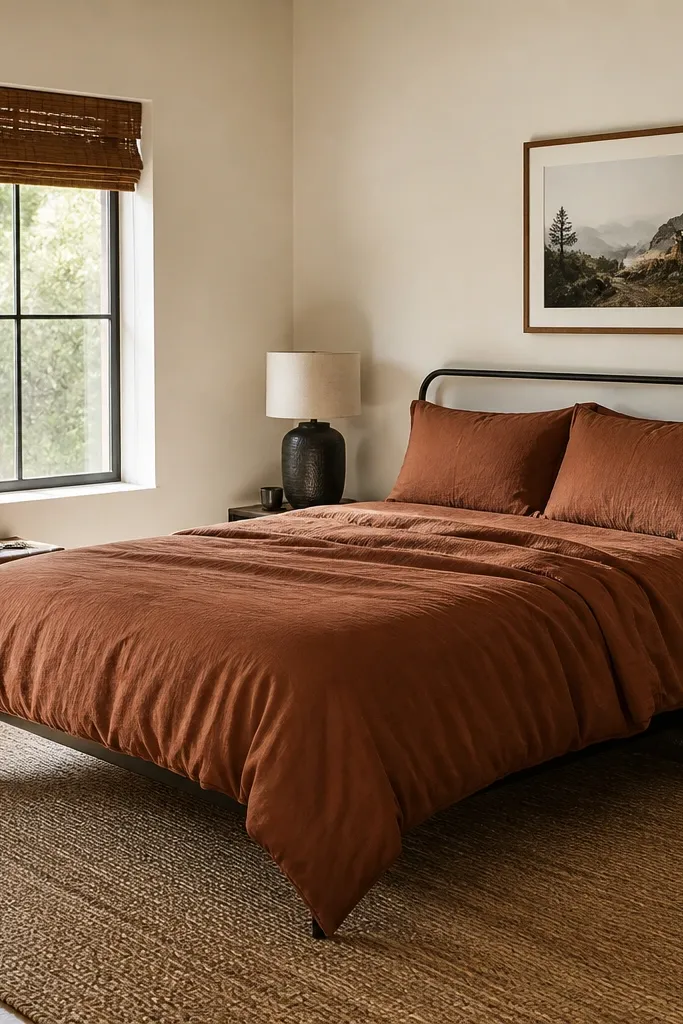 Rust brown duvet with cream walls and a woven jute rug under a simple bed