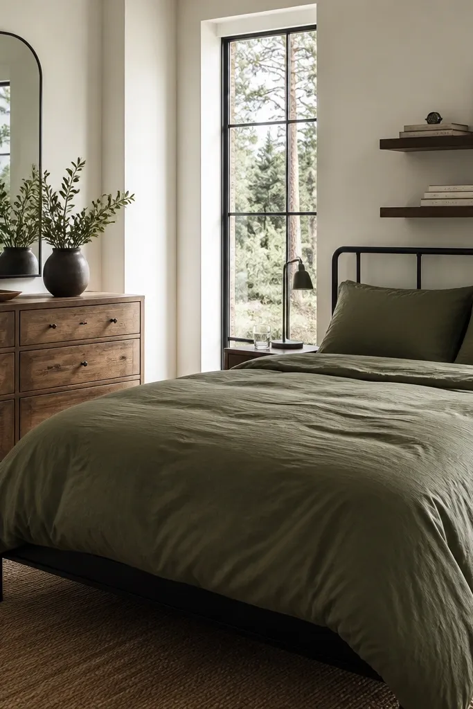 Olive duvet with black framed mirror and small items on floating shelves