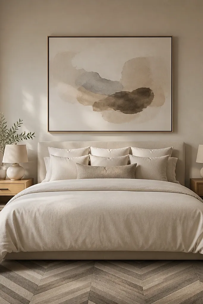 Solid bedding with a chevron-pattern rug and one large framed wall print