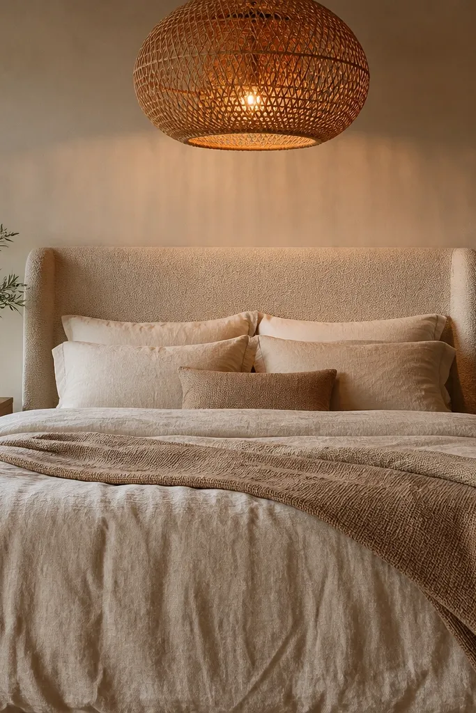 Boucle headboard with oatmeal bedding and a round rattan light above the bed