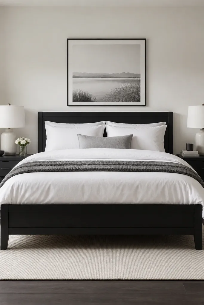 Black nightstands with white bedding and a light rug in a monochrome bedroom