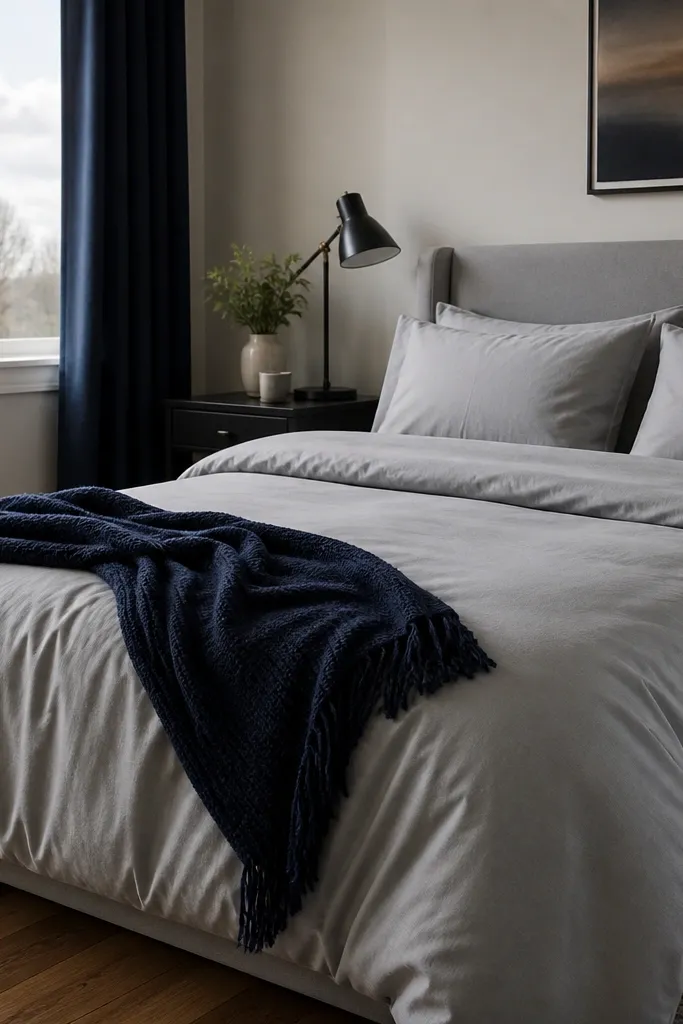 Light gray duvet with navy throw and navy curtains framing a window