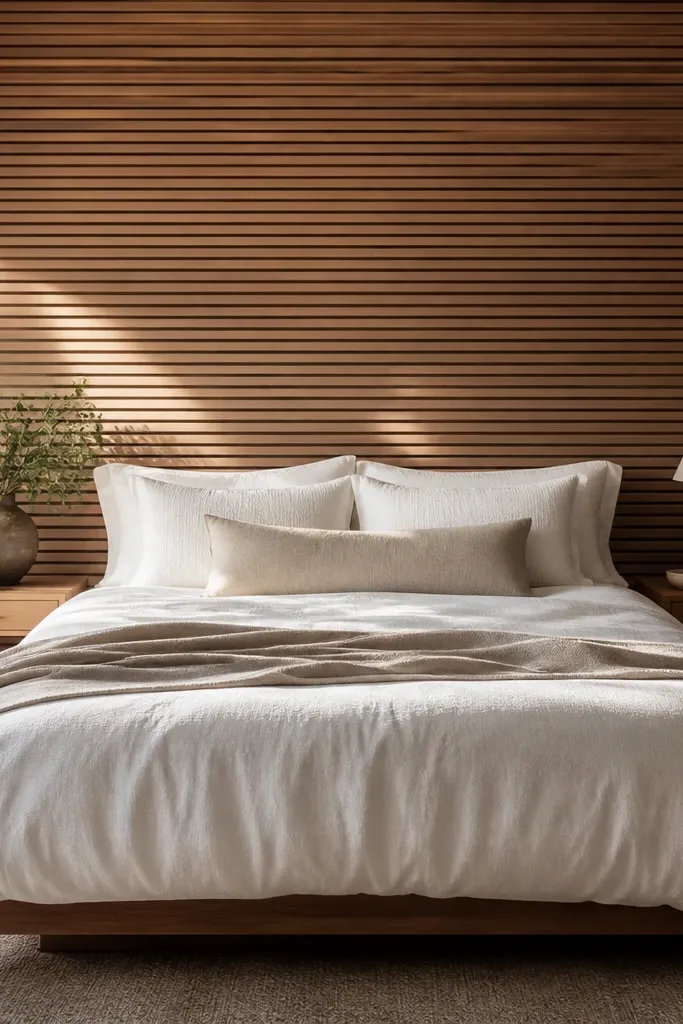 Wood slat wall behind bed with white bedding and simple black frames