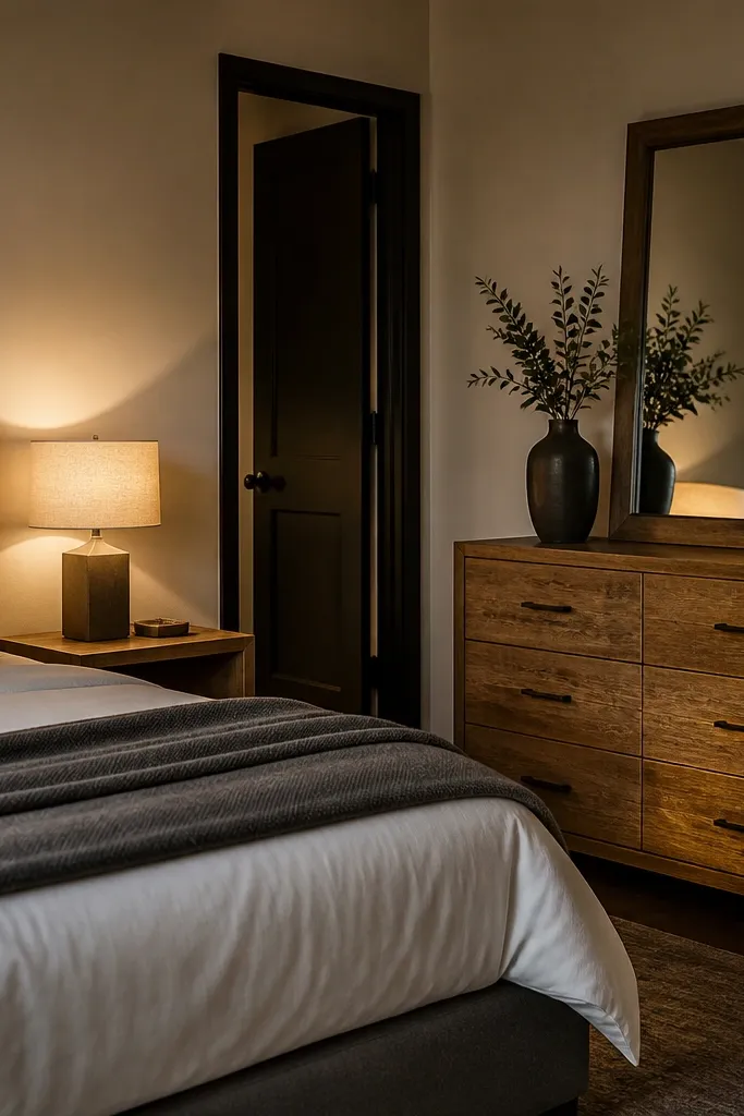 Rustic oak dresser with a mirror and neatly styled nightstands with two items each