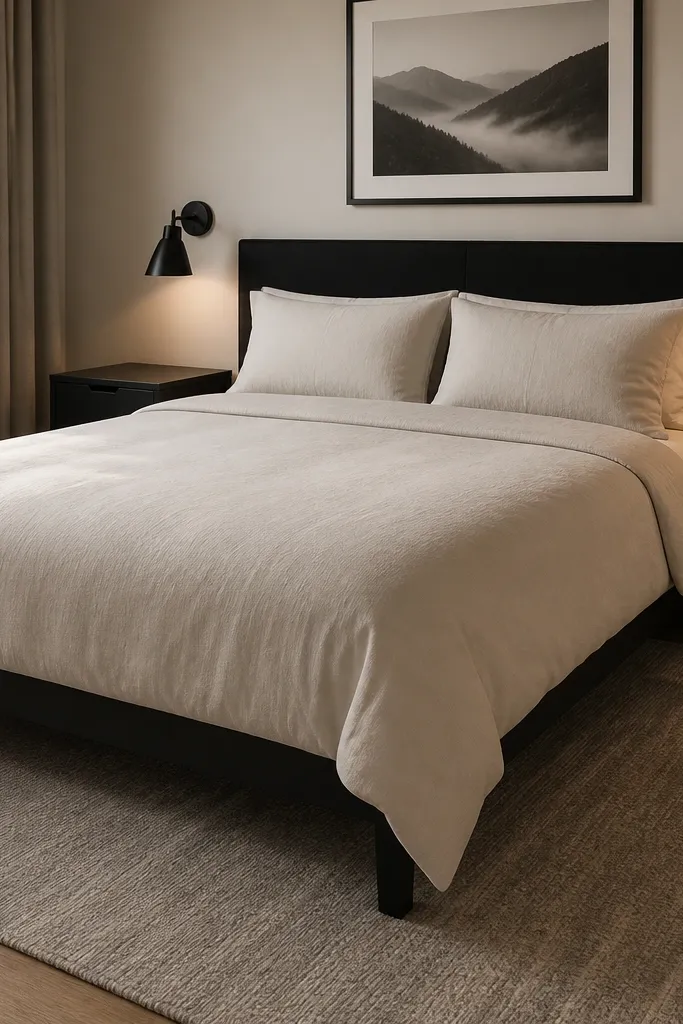 Cream bedding with black wall sconces and a low pile rug for a clean floor