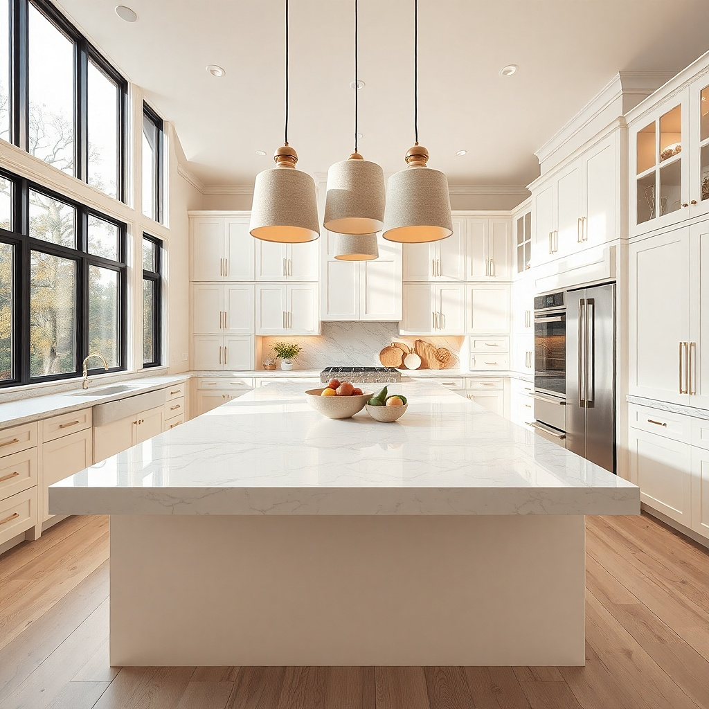 White quartz countertop in a busy family kitchen