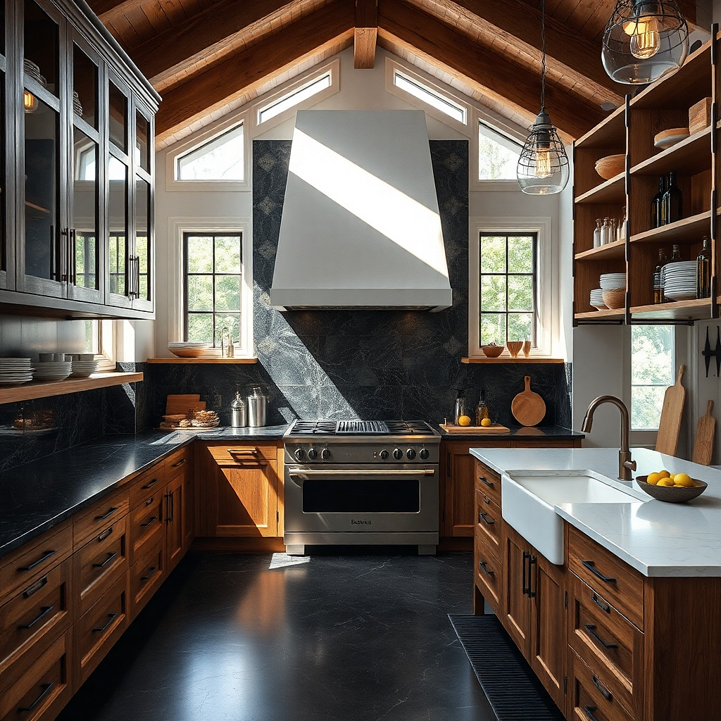 Black granite countertop beside a gas range