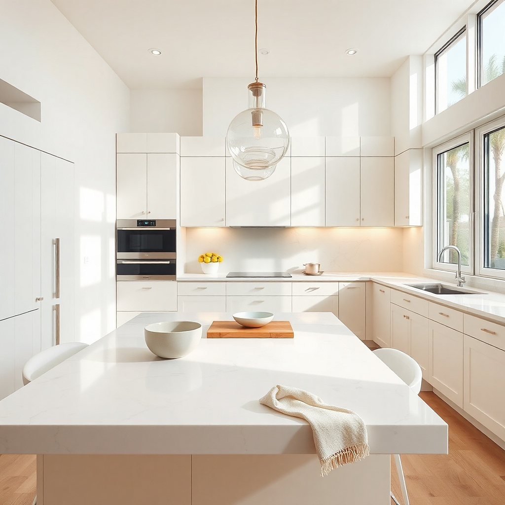 Small kitchen with bright white quartz counters