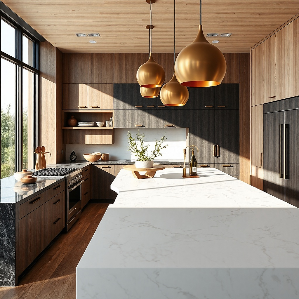 Kitchen with granite perimeter and quartz island