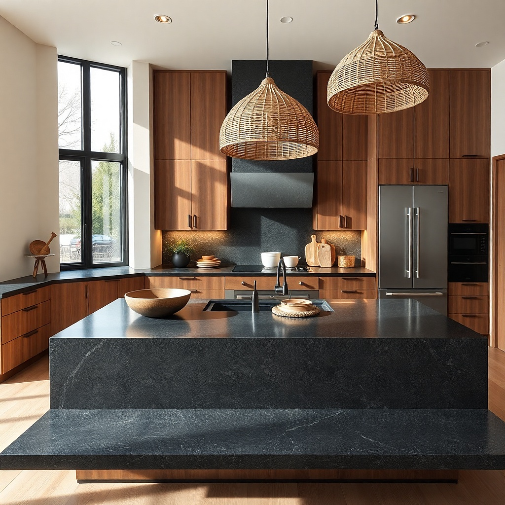 Leathered granite countertop with matte texture