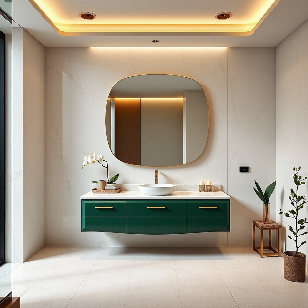 Dark forest green vanity with glossy finish and warm brass bar pulls