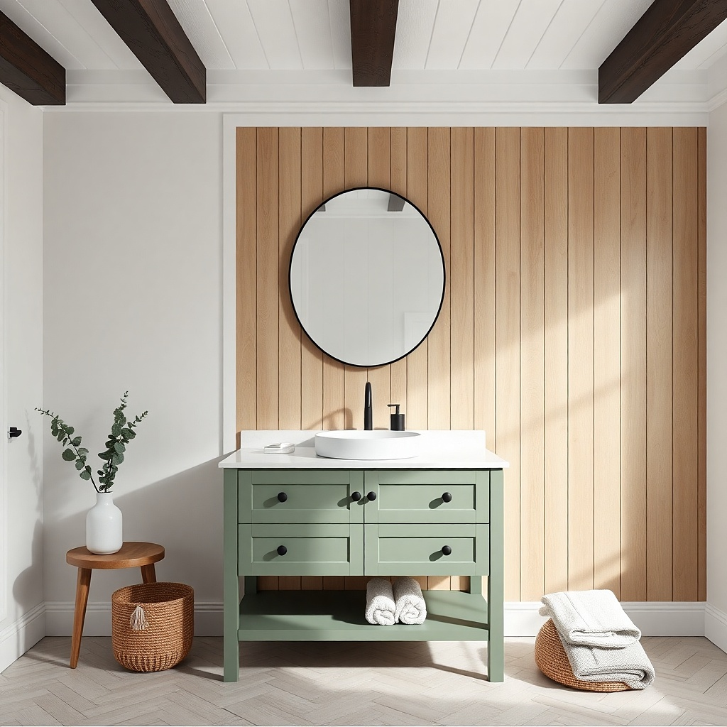 Sage green shaker vanity with matte black knobs and a light stone top