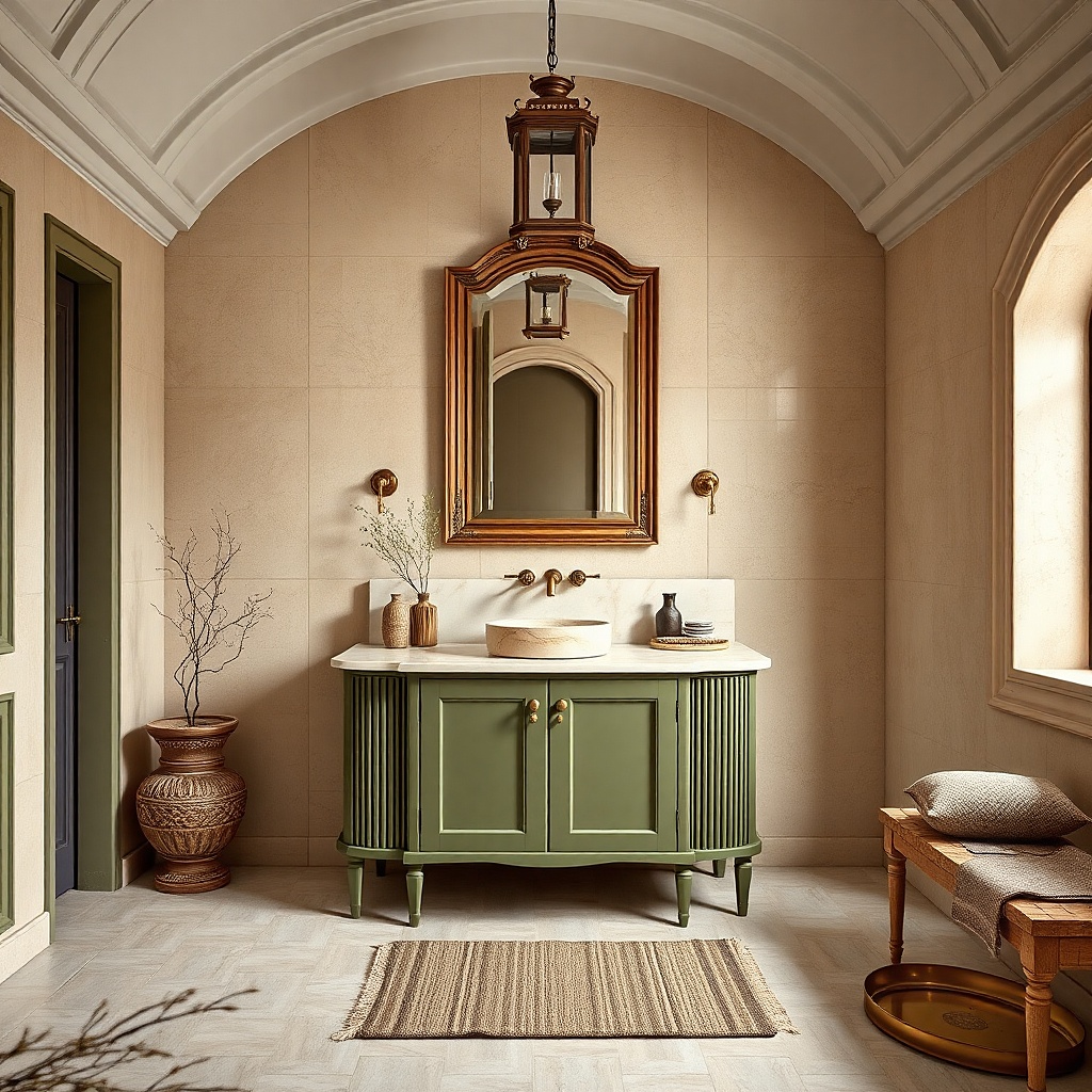 Olive green vanity with slim legs and a single sink with a light countertop
