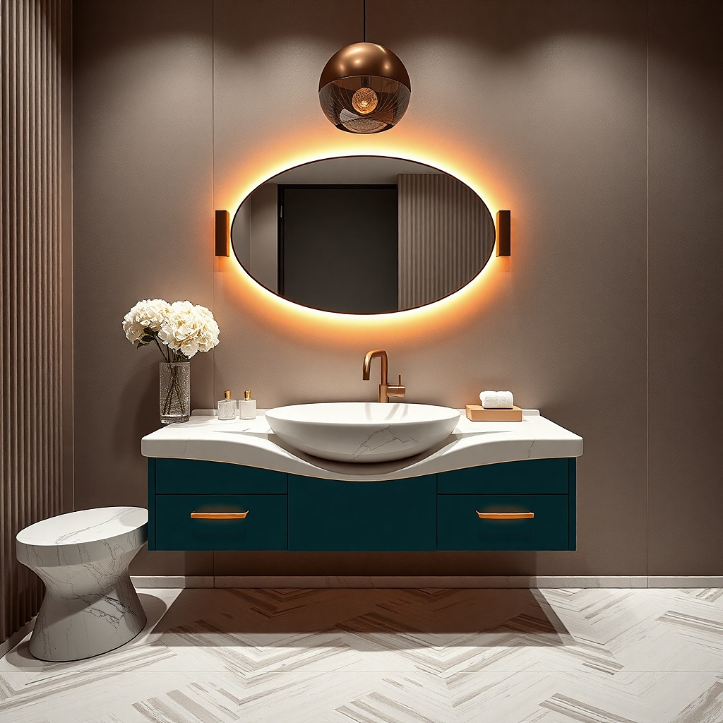 Emerald green floating vanity with clean lines and a light stone top