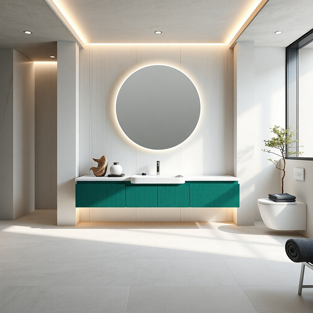 Deep teal green vanity with a waterfall-edge white quartz countertop