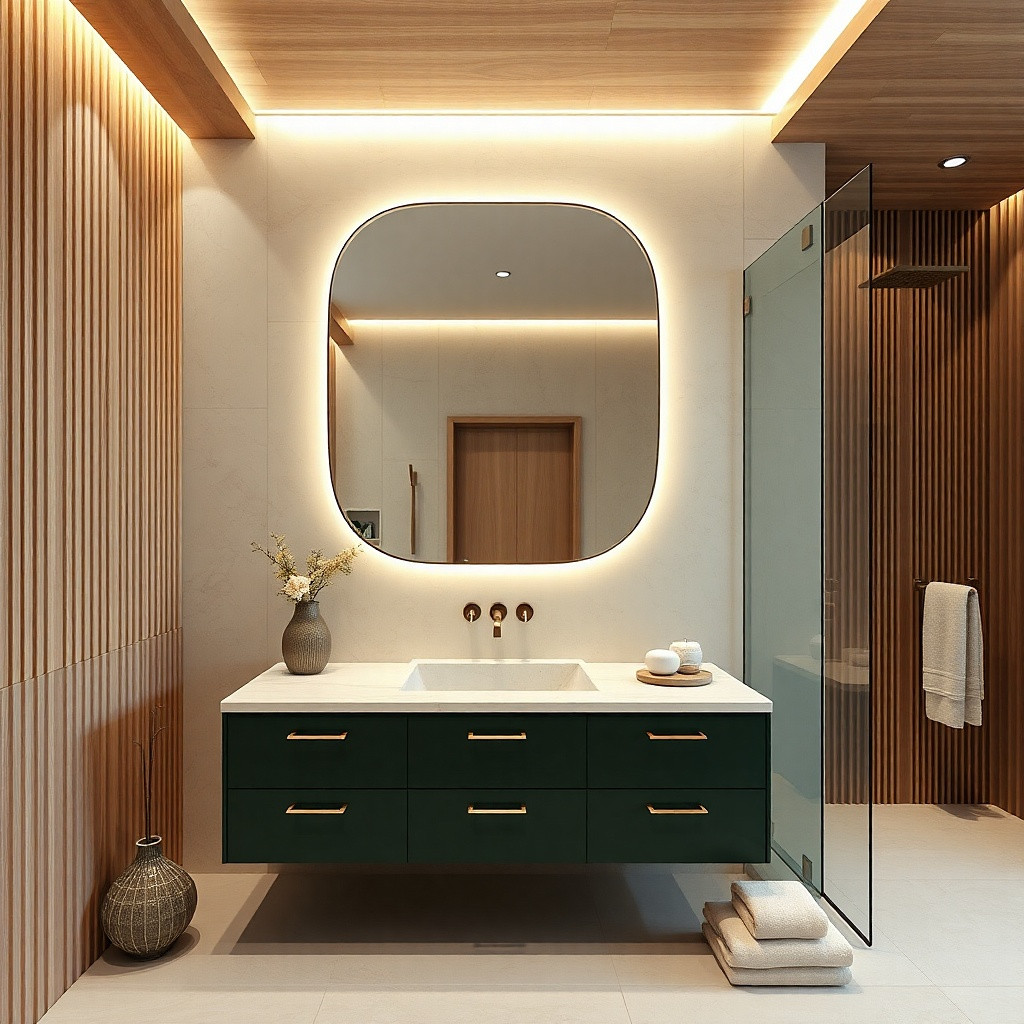 Pistachio green stained wood vanity with visible grain and brushed nickel hardware