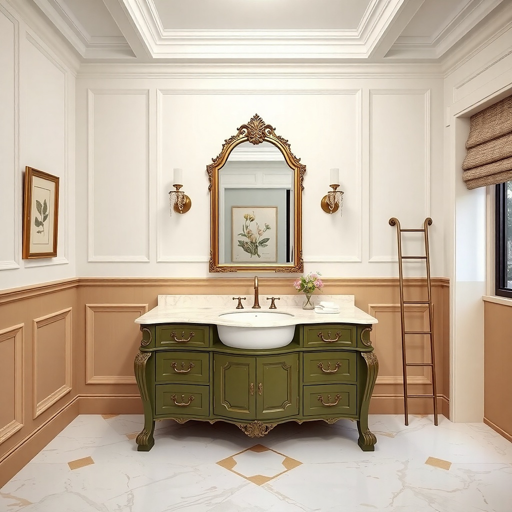 Mint green vanity with two drawers and a small glass-front side cabinet
