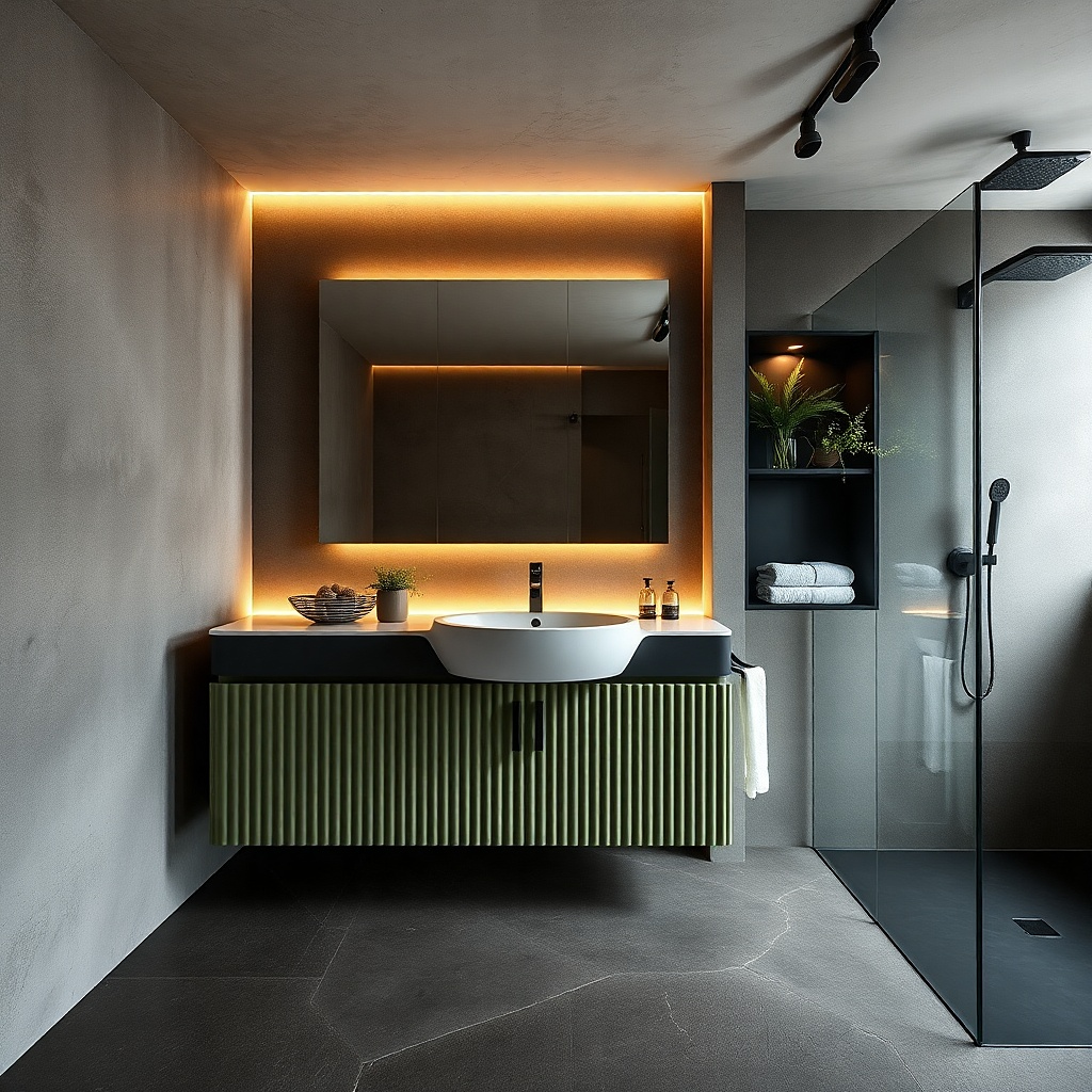 Blackened green vanity with brushed gold handles and a light stone top