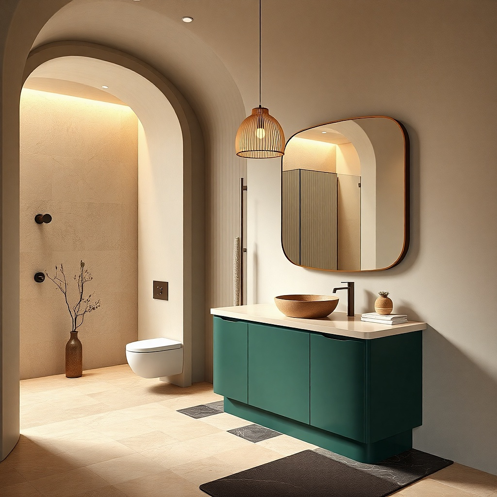 Bright chartreuse green vanity with chrome faucet and a white top