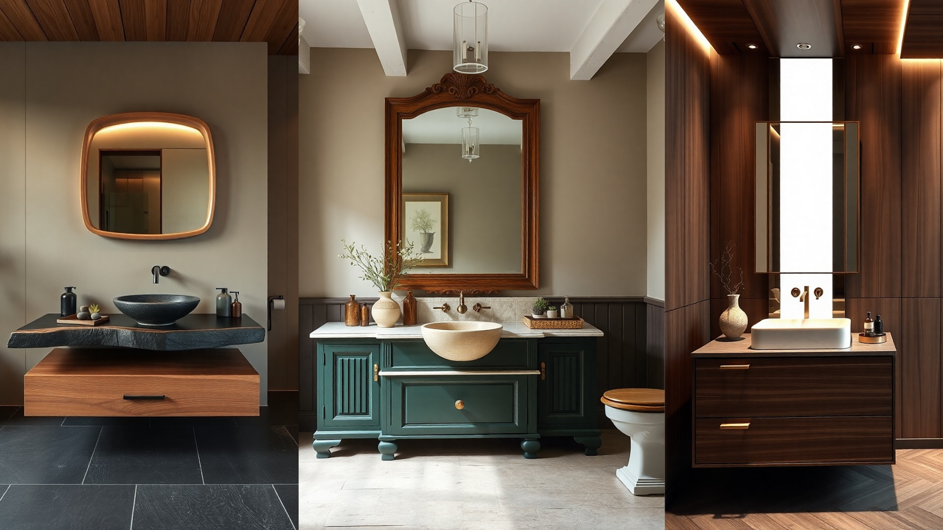 Sage green vanity with an arched apron panel and antique brass hardware