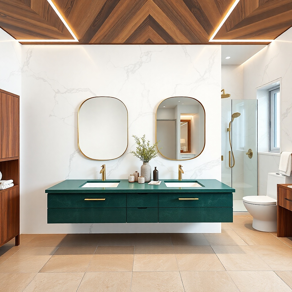 Forest green vanity with sculpted drawer fronts and a marble-look top