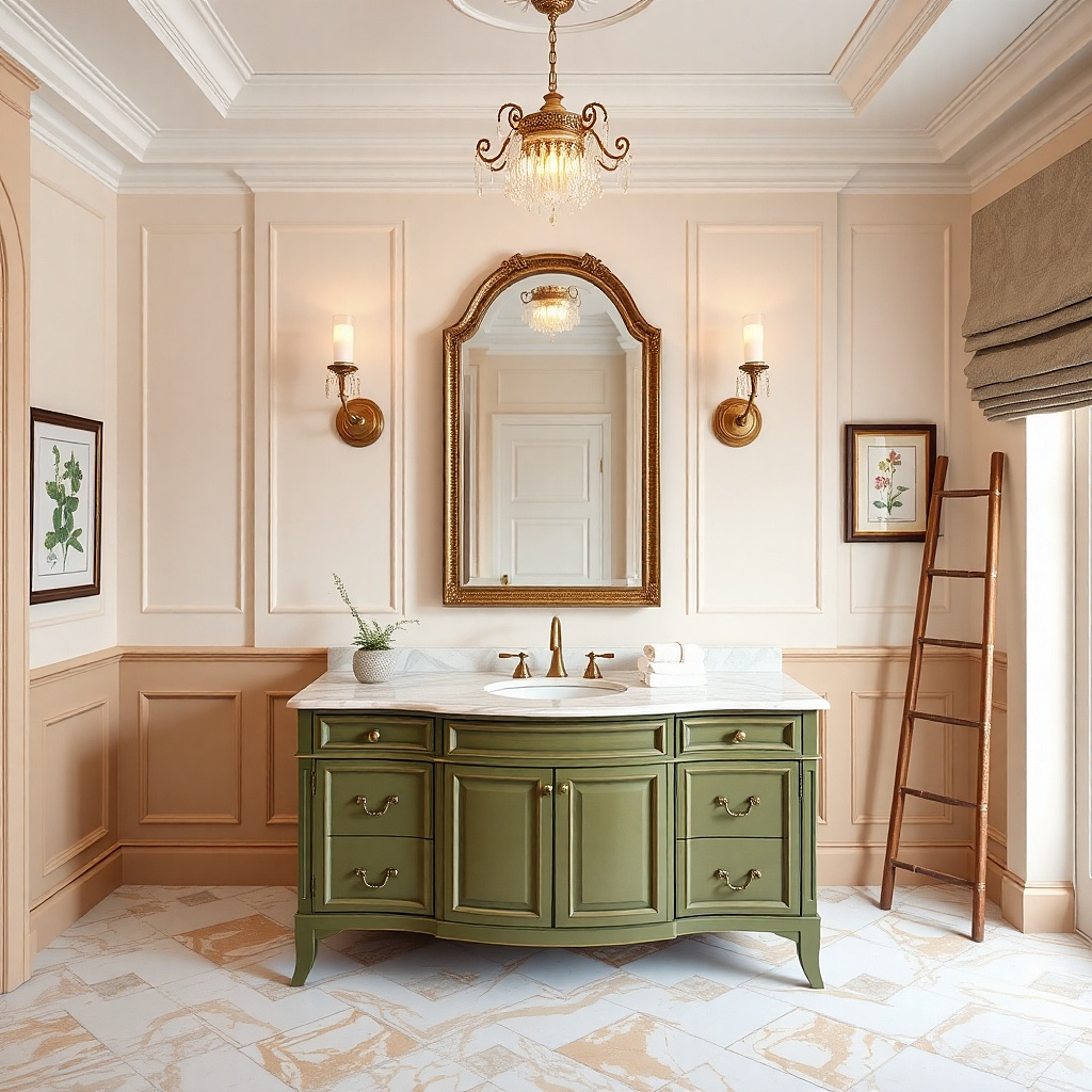 Green marble-look vanity with a matching green stripe backsplash
