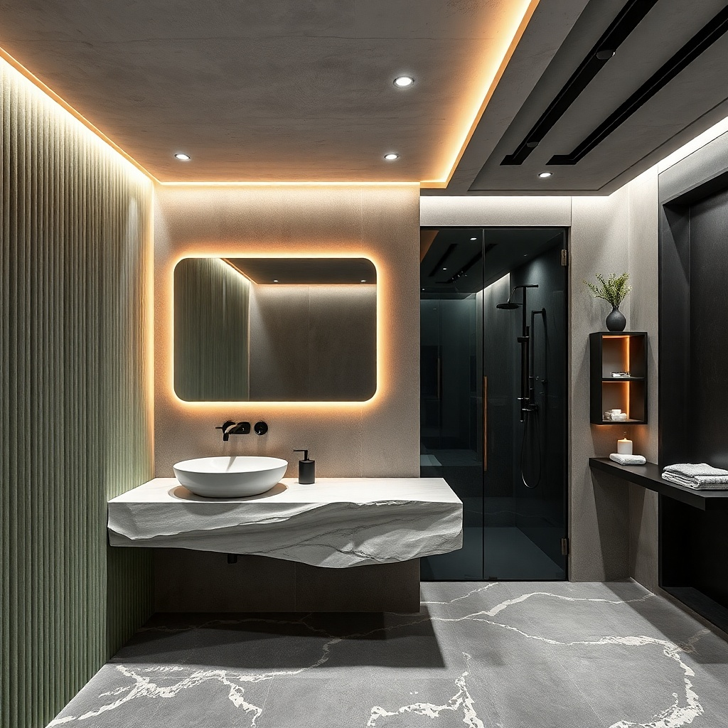 Emerald green double-sink vanity with slim cabinetry and a light stone top