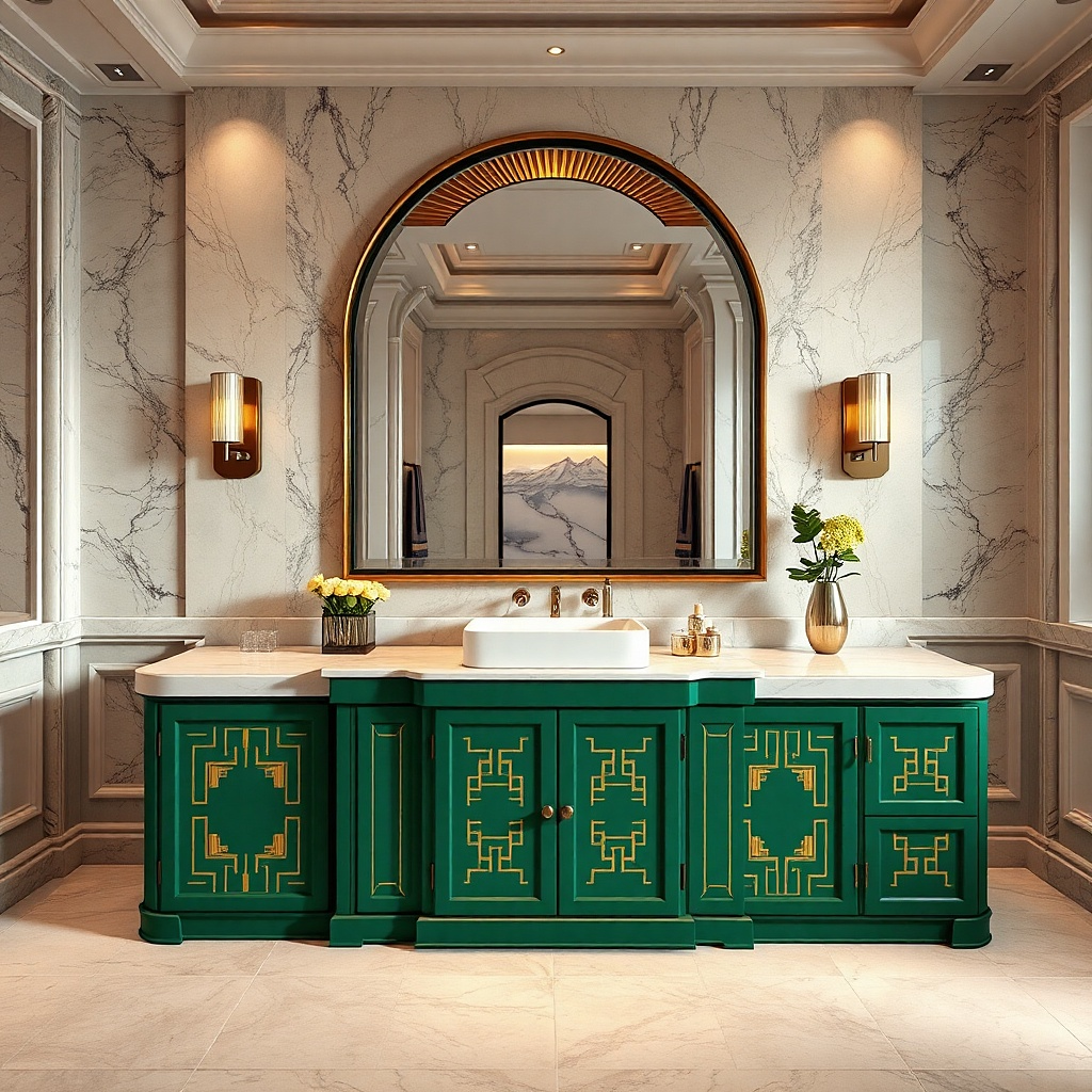Kelley green vanity with a soft-rounded countertop edge and brass hardware