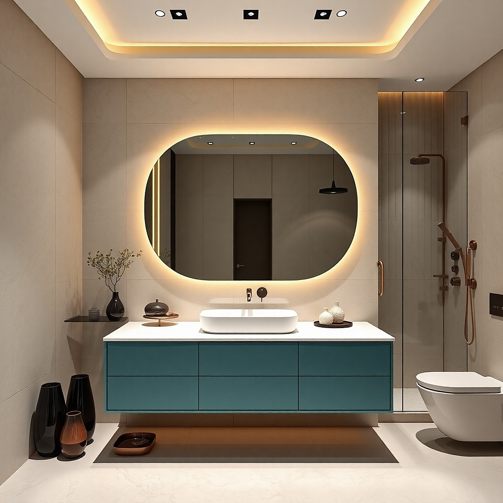 Teal green vanity with a light quartz top under a ribbed glass style sconce