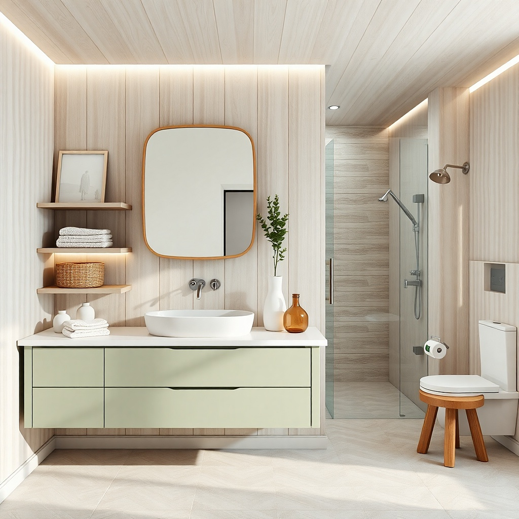 Sage green vanity with an open shelf below and a white stone top
