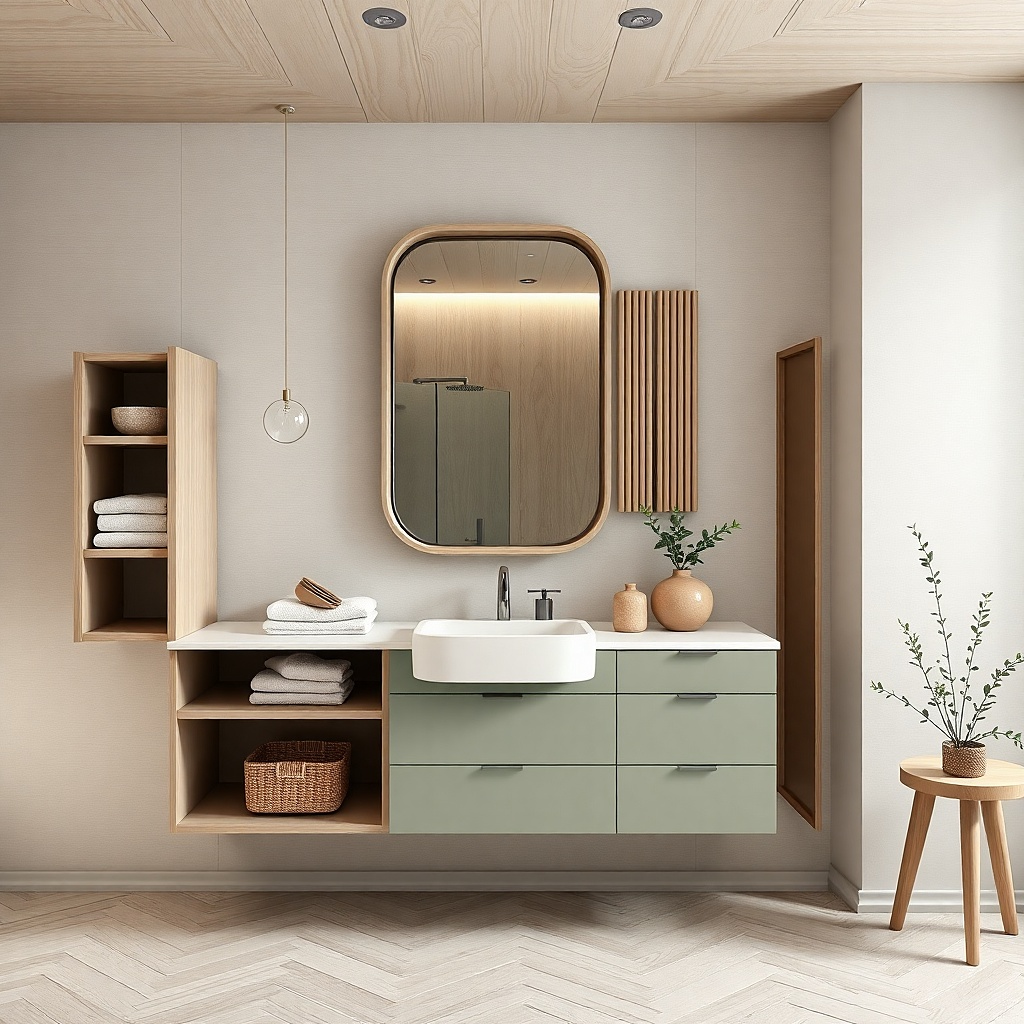 Bottle green vanity with brass faucet and a vessel sink on a light countertop