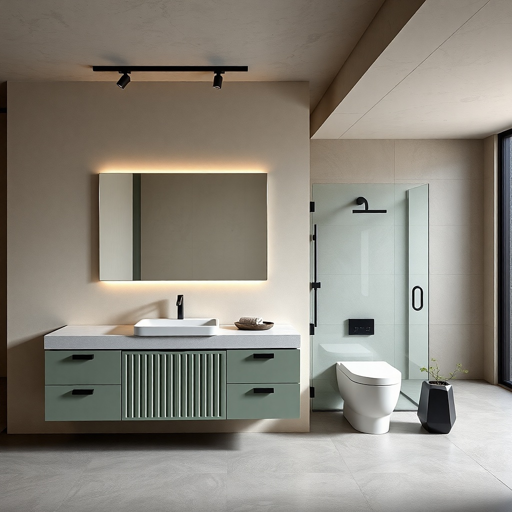 Sage green slab-door vanity with concealed pulls and a bright countertop
