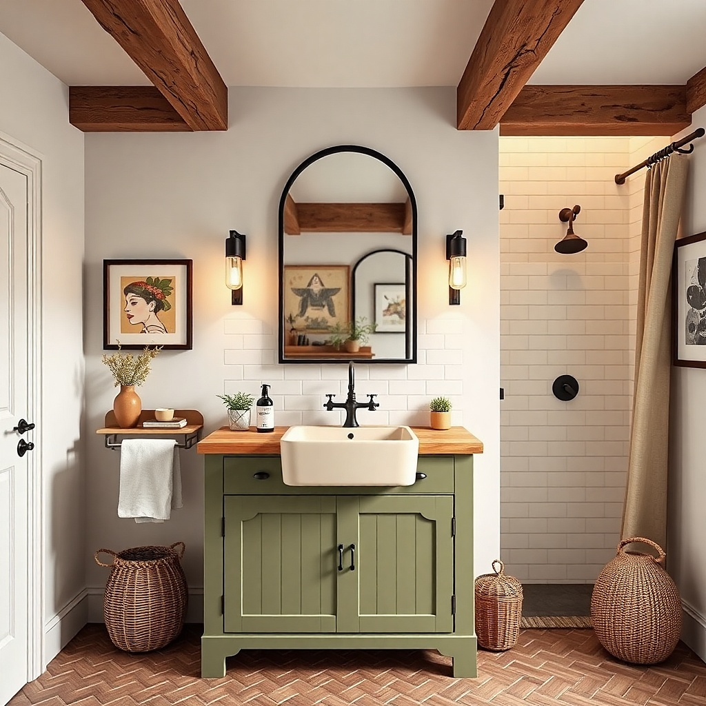 Olive green vanity with a matte ceramic sink and a dark grout backsplash line