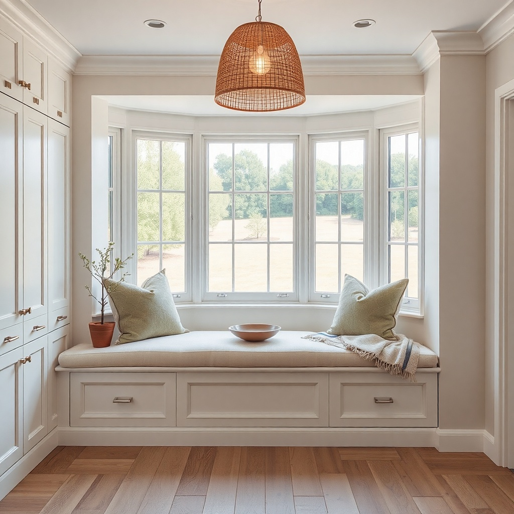 A light wood bay bench with a thick seat cushion and dark metal trim