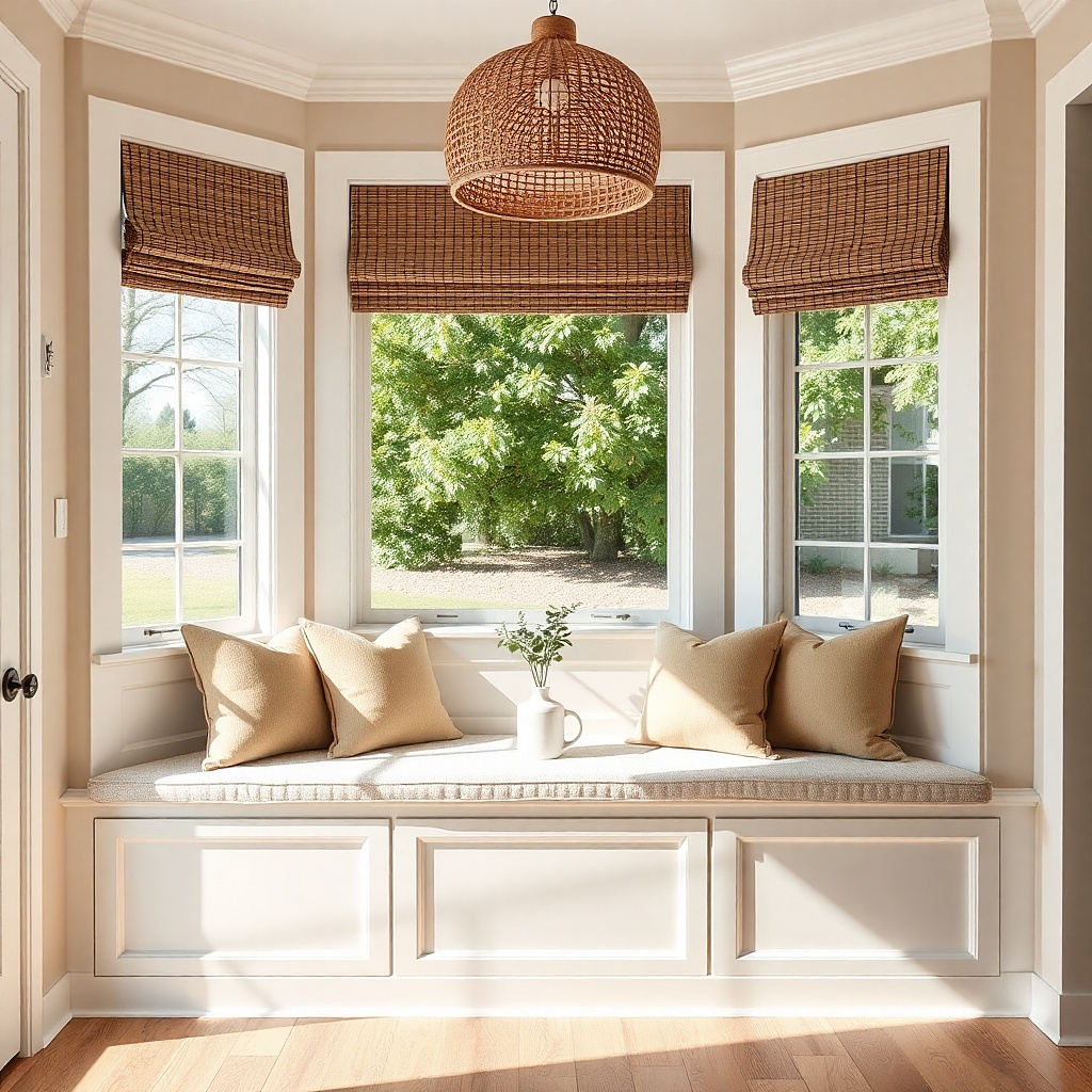A modern gray bay bench with lift-top cushions and light wood interior storage