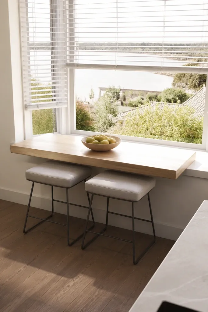 A narrow bay window with a dark slim tabletop and two small stools