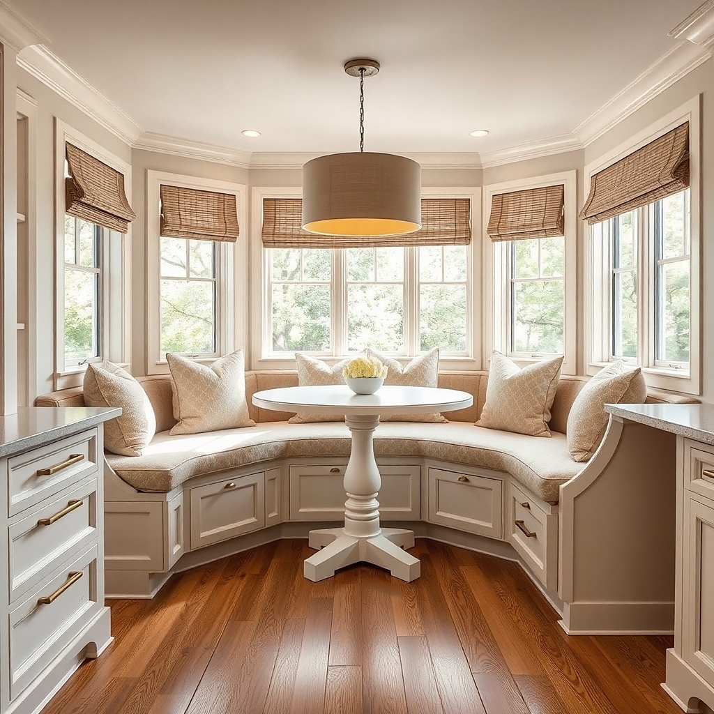A white bay banquette with curved back cushions and brass nailhead trim