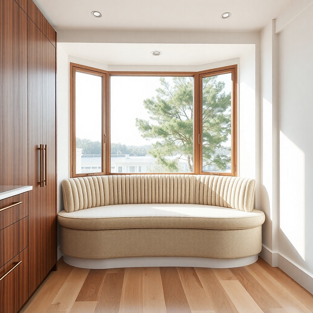 A taupe bay window seat with fluted front panels and a low back cushion