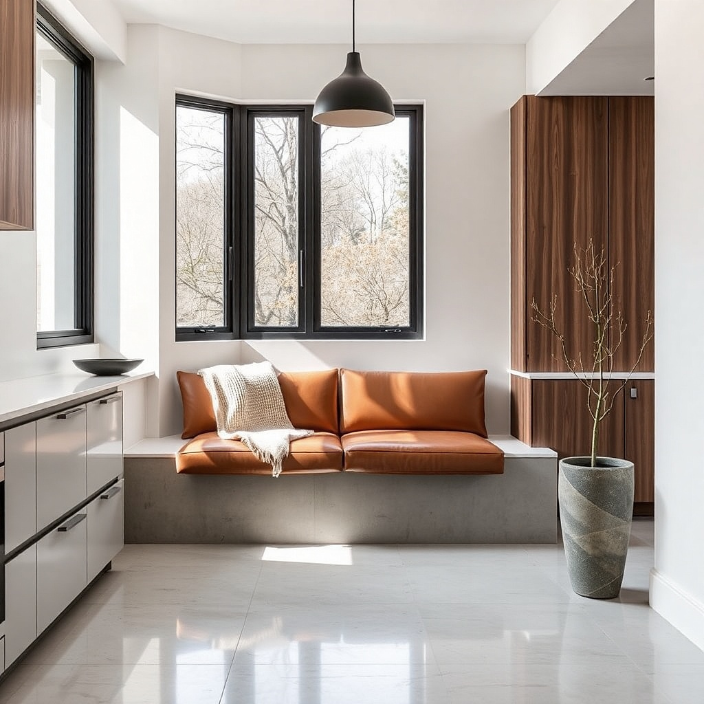 A gray concrete-look bay bench with a warm tan leather cushion