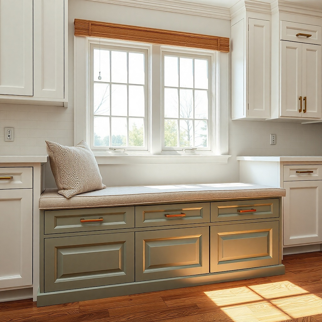A two-tone bay bench with a white base and a stained wood top rail
