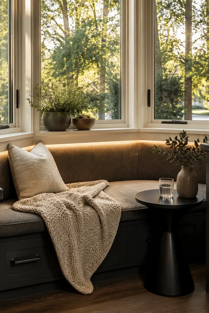 A bay window seat with warm LED strip lighting under the sill