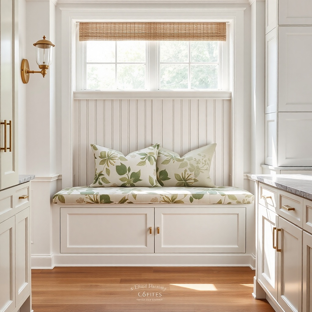 A bay bench with a patterned seat cushion and solid side panels in white