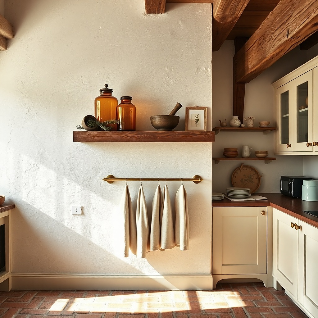 Small reclaimed-wood shelf with a tray and two glass jars on a cream kitchen wall