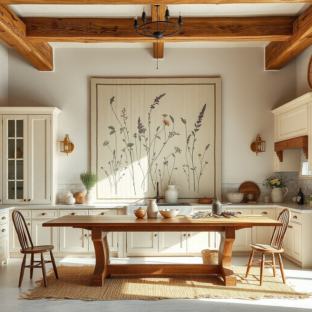 Large botanical wall panel with linen texture and a light wood frame above a dining table