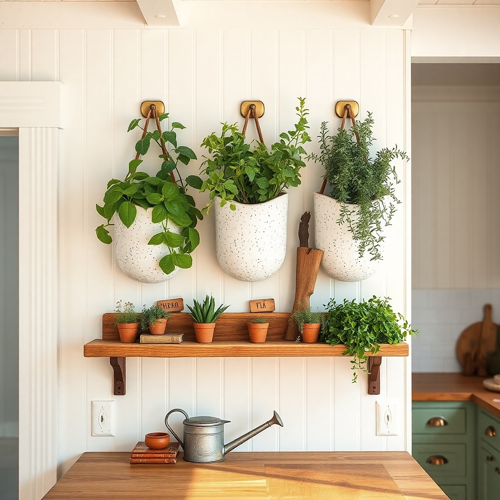 Three white ceramic wall pockets holding faux herbs on a farmhouse kitchen wall