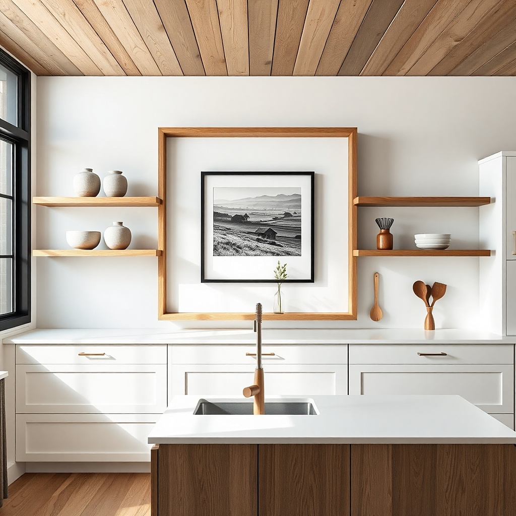 Wood slat shadowbox with one black-and-white centered inside