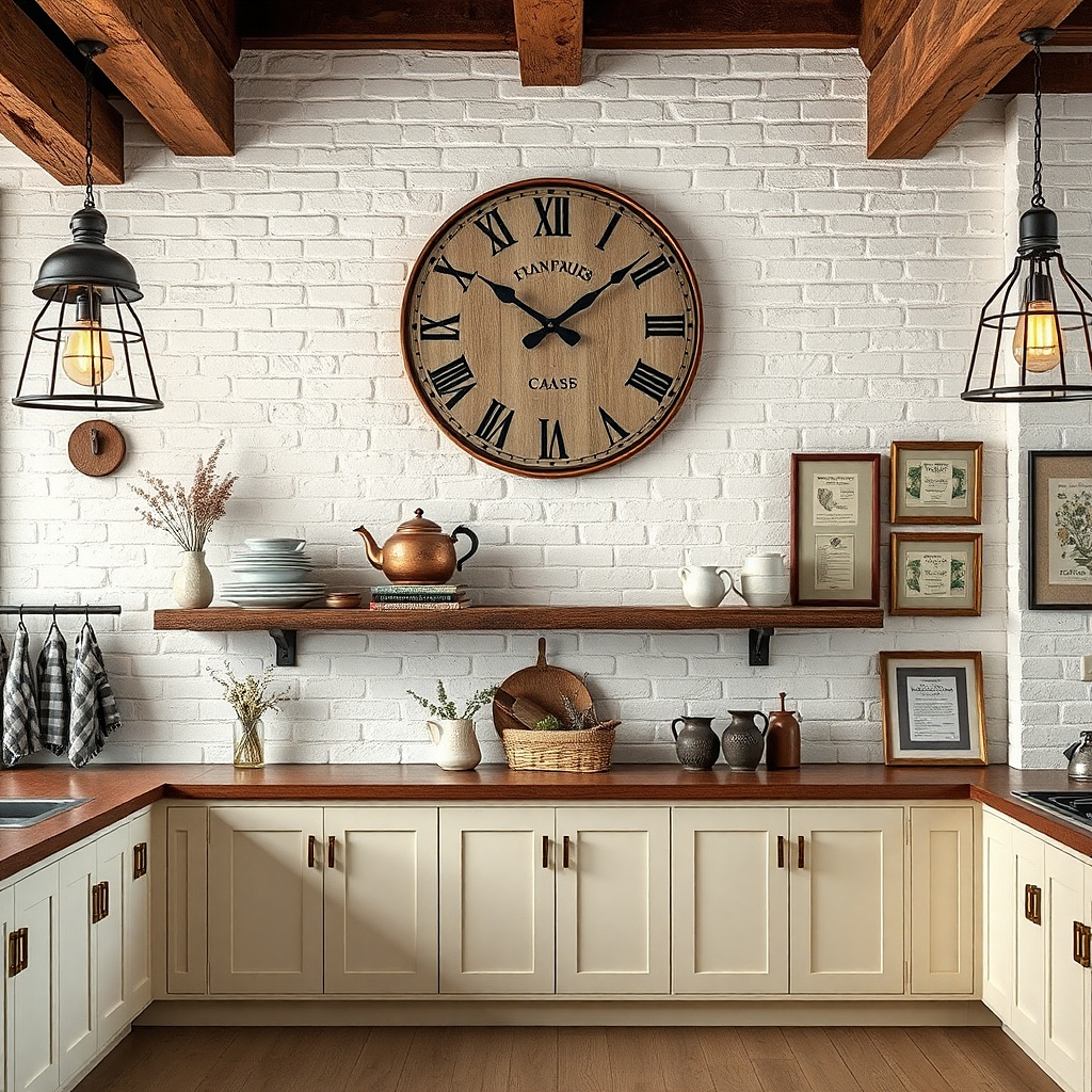 Round vintage clock with distressed wood frame on a light kitchen wall